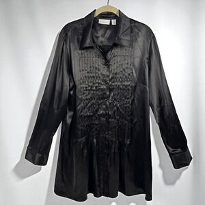 Chico's Pleated Front Blouse Button Down Long Sleeve Shirt Women 3‎ (XL) Black